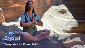  Presentation with trekking - PPT theme with young beauitufl hiker woman trekking natural orange mountain doing yoga pose on summer holidays background and a ocean colored foreground