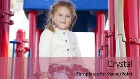  Presentation with young children playing - PPT layouts with young beautiful 3 years old girl playing in the children's park background and a coral colored foreground
