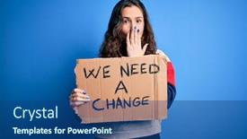  Presentation with banner blue - Cool new presentation theme with young-beautiful-activist-woman-holding backdrop and a ocean colored foreground