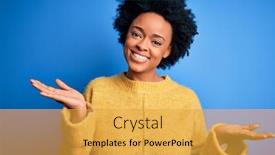  Presentation with woman hands open - Colorful presentation enhanced with young-beautiful-african-american-afro backdrop and a yellow colored foreground