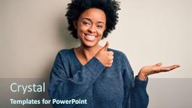  Presentation with hand palm - Cool new slide deck with young-beautiful-african-american-afro backdrop and a ocean colored foreground