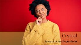  Presentation with african american woman question - Slide set having young-beautiful-african-american-afro background and a yellow colored foreground