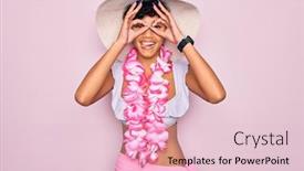  Presentation with hawaiian flowers - Presentation theme with young-beautiful-african-american-tourist background and a lemonade colored foreground