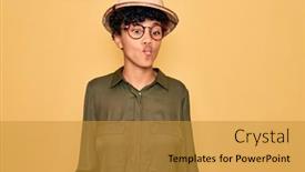  Presentation with explorer - Cool new PPT theme with young-beautiful-african-american-tourist backdrop and a gold colored foreground