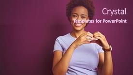  Presentation with purple heart - Beautiful PPT theme featuring young beautiful african american woman with afro hair over isolated purple background smiling in love doing heart symbol shape with hands romantic concept backdrop and a violet colored foreground