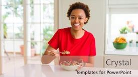  Presentation with healthy breakfast - Beautiful slide deck featuring young beautiful african american woman with afro hair eating healthy wholemeal cereals and berries as healthy breakfast backdrop and a coral colored foreground