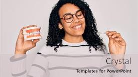  Presentation with denture - Presentation design consisting of young-beautiful-african-american-woman background and a light gray colored foreground
