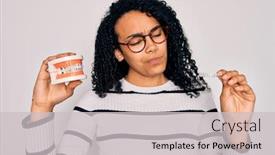  Presentation with denture - Presentation theme featuring young-beautiful-african-american-woman background and a light gray colored foreground