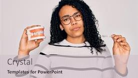  Presentation with denture - Presentation design consisting of young-beautiful-african-american-woman background and a light gray colored foreground