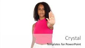  Presentation with hand palm - Presentation design with young-beautiful-african-american-woman background and a white colored foreground
