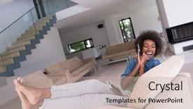  Presentation with american music - PPT theme consisting of young beautiful african american woman enjoys listening to music with headphones and tablet in your armchair in her luxury home background and a mint green colored foreground