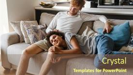  Presentation with living room - Slides featuring young-beautiful-african-curly-smiling background and a  colored foreground