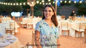  Presentation with elegant wedding - Amazing slide set having young beautiful and elegant woman with wedding guest dress smiling happy and cheerful at party feast backdrop and a coral colored foreground