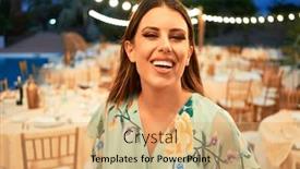  Presentation with elegant party - Slide deck having young beautiful and elegant woman with wedding guest dress smiling happy and cheerful at party feast background and a coral colored foreground