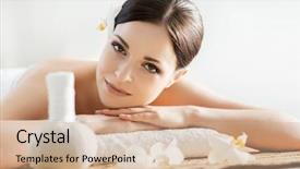  Presentation with beauty salon - Amazing slide set having young beautiful and healthy woman in spa salon traditional oriental aroma therapy and beauty treatments backdrop and a coral colored foreground