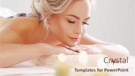  Presentation with recreation - Beautiful PPT theme featuring young beautiful and healthy woman relaxing in spa salon rejuvenation therapy and massaging treatments recreation concept backdrop and a lemonade colored foreground