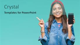  Presentation with arab - PPT theme with young beautiful arab woman showing screen of smartphone over isolated background very happy pointing with hand and finger to the side background and a seafoam green colored foreground