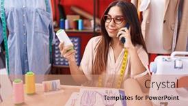  Presentation with thread - PPT theme having young-beautiful-arab-woman-tailor background and a coral colored foreground