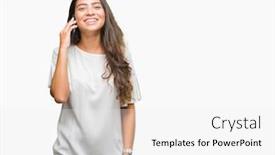 Presentation with arab - Presentation design enhanced with young beautiful arab woman talking on the phone over isolated background with a happy face standing and smiling with a confident smile showing teeth background and a white colored foreground
