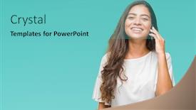  Presentation with arab - Audience pleasing slides consisting of young beautiful arab woman talking on the phone over isolated background with a happy face standing and smiling with a confident smile showing teeth backdrop and a seafoam green colored foreground