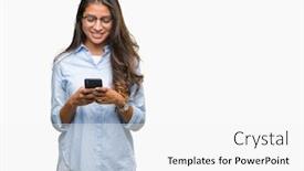  Presentation with arab - Cool new PPT theme with young beautiful arab woman texting using smartphone over isolated background with a happy face standing and smiling with a confident smile showing teeth backdrop and a white colored foreground