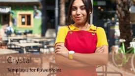  Presentation with coffee shop - Presentation theme having young-beautiful-arab-woman-waitress background and a coral colored foreground