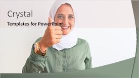  Presentation with woman muslim - Amazing PPT theme having young beautiful arab woman wearing traditional muslim hijab over isolated background doing happy thumbs up gesture with hand approving expression looking at the camera with showing success backdrop and a lemonade colored foreground