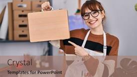  Presentation with artist - Slide set with young-beautiful-artist-woman-holding background and a coral colored foreground