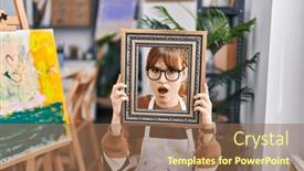  Presentation with artist - PPT theme consisting of young-beautiful-artist-woman background and a coral colored foreground