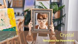  Presentation with artist - Theme featuring young-beautiful-artist-woman background and a violet colored foreground