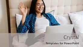  Presentation with video conference - Slide deck enhanced with young-beautiful-asian-enthusiastic-woman background and a  colored foreground