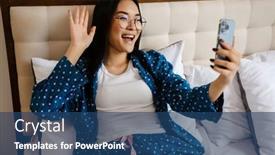  Presentation with video conference - PPT theme with young-beautiful-asian-enthusiastic-woman background and a  colored foreground