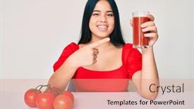  Presentation with tomato juice - Theme consisting of young-beautiful-asian-girl-drinking background and a coral colored foreground