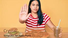  Presentation with fast food - Cool new slide set with young-beautiful-asian-girl-eating backdrop and a yellow colored foreground