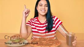  Presentation with burger - PPT theme enhanced with young-beautiful-asian-girl-eating background and a coral colored foreground