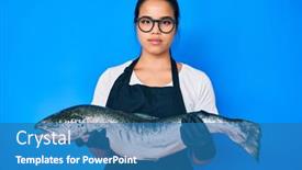  Presentation with asian - Beautiful PPT theme featuring young-beautiful-asian-girl-fishmonger backdrop and a teal colored foreground