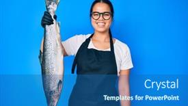  Presentation with asian - PPT theme enhanced with young-beautiful-asian-girl-fishmonger background and a ocean colored foreground