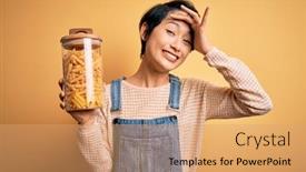  Presentation with macaroni - Colorful slide set enhanced with young-beautiful-asian-girl-holding backdrop and a coral colored foreground