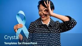  Presentation with blue ribbon symbol - Theme with young-beautiful-asian-girl-holding background and a ocean colored foreground