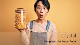  Presentation with macaroni - Presentation design featuring young-beautiful-asian-girl-holding background and a coral colored foreground