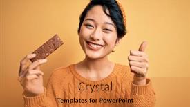  Presentation with energy bar - PPT layouts having young-beautiful-asian-girl-holding background and a gold colored foreground