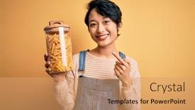  Presentation with macaroni - Slide deck having young-beautiful-asian-girl-holding background and a coral colored foreground