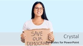  Presentation with democracy - PPT theme consisting of young-beautiful-asian-girl-holding background and a coral colored foreground