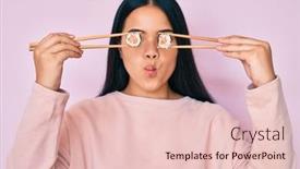  Presentation with asian chopsticks - Amazing slide set having young-beautiful-asian-girl-puting backdrop and a lemonade colored foreground