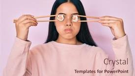  Presentation with asian chopsticks - PPT layouts enhanced with young-beautiful-asian-girl-puting background and a lemonade colored foreground