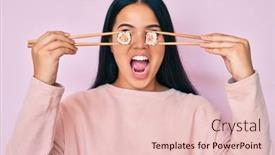  Presentation with asian chopsticks - Beautiful PPT theme featuring young-beautiful-asian-girl-puting backdrop and a lemonade colored foreground