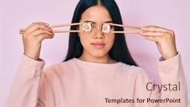  Presentation with asian chopsticks - Presentation design enhanced with young-beautiful-asian-girl-puting background and a lemonade colored foreground