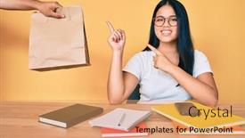  Presentation with asian food - Amazing PPT theme having young-beautiful-asian-girl-sitting backdrop and a coral colored foreground