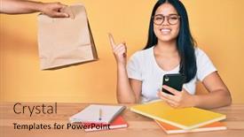  Presentation with asian food - Beautiful PPT layouts featuring young-beautiful-asian-girl-sitting backdrop and a coral colored foreground