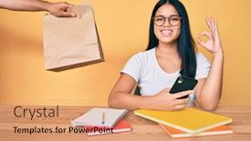  Presentation with asian food - Colorful slide deck enhanced with young-beautiful-asian-girl-sitting backdrop and a coral colored foreground